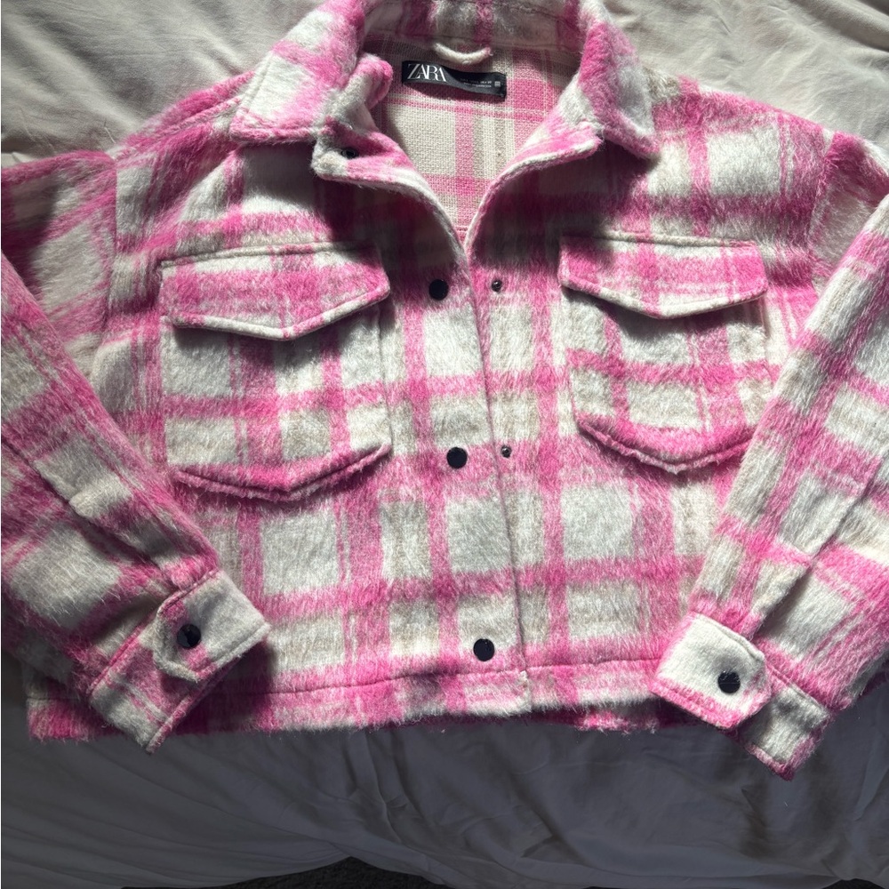Zara Cropped Pink and Cream Checkered Jacket